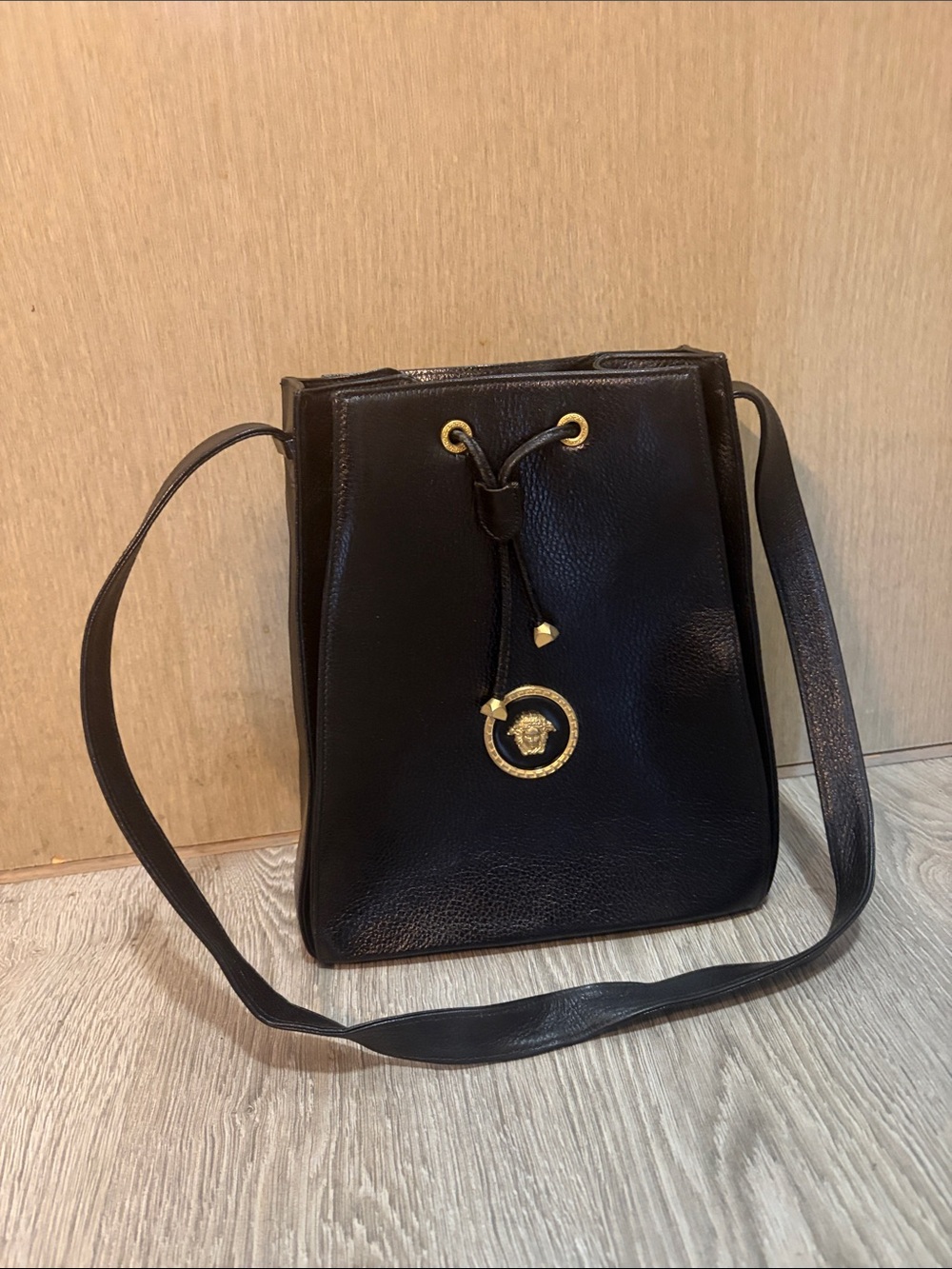 Vintage Authentic Gianni Versace Leather Drawstring Medusa Shoulder Bag